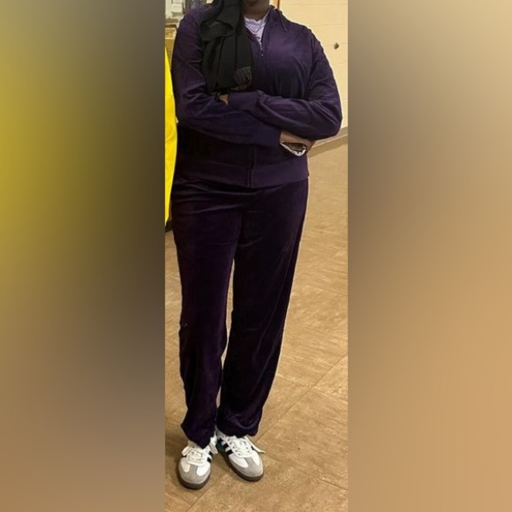 Purple velour track suit